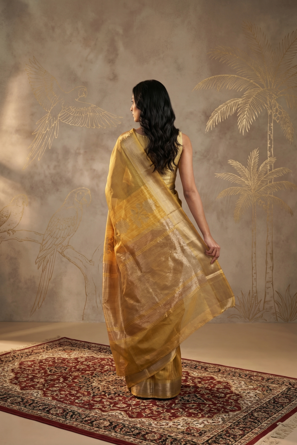 Mango Yellow Kora Silk Banarasi Saree with Subtle Zari Jaal