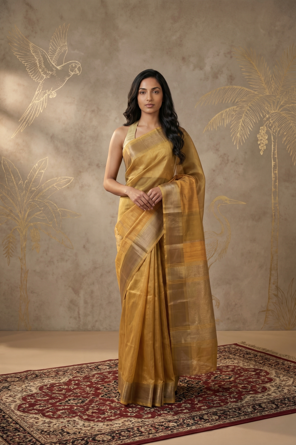 Mango Yellow Kora Silk Banarasi Saree with Subtle Zari Jaal