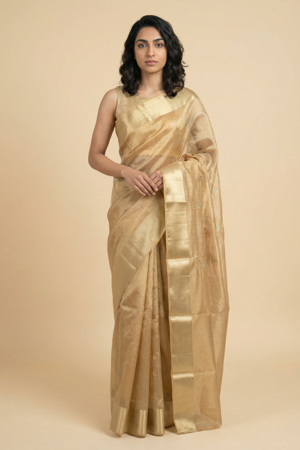Golden Banarasi Tissue Silk Saree with Zari Motifs and Thread Weaving
