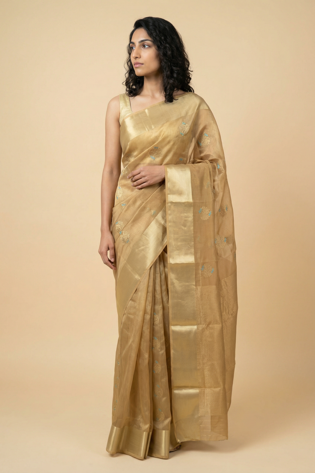 Golden Banarasi Tissue Silk Saree with Zari Motifs and Thread Weaving