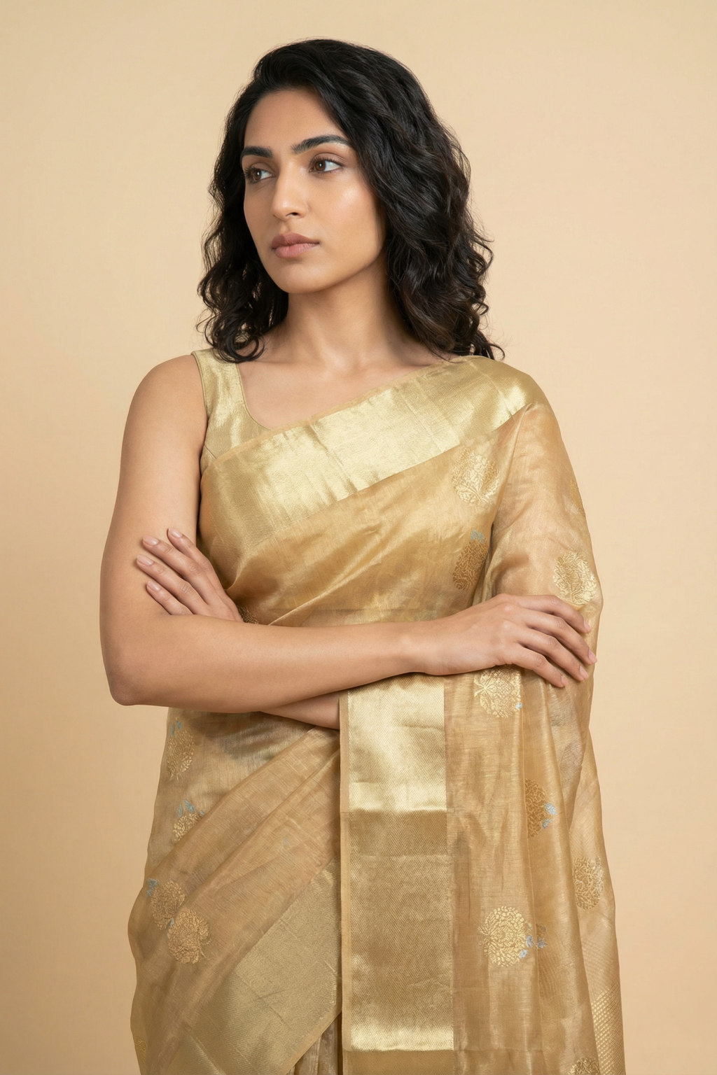 Golden Banarasi Tissue Silk Saree with Zari Motifs and Thread Weaving