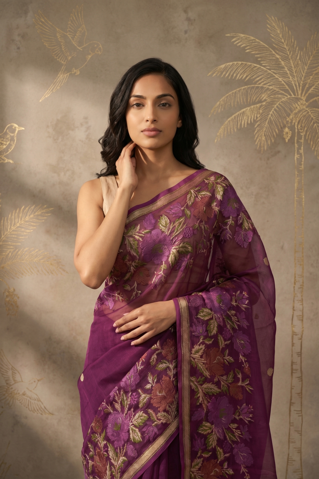 Purple Banarasi Silk Saree with Floral Zari Weaving