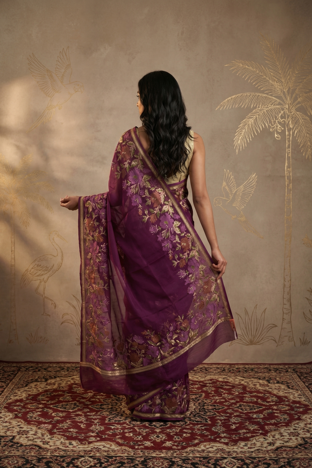 Purple Banarasi Silk Saree with Floral Zari Weaving