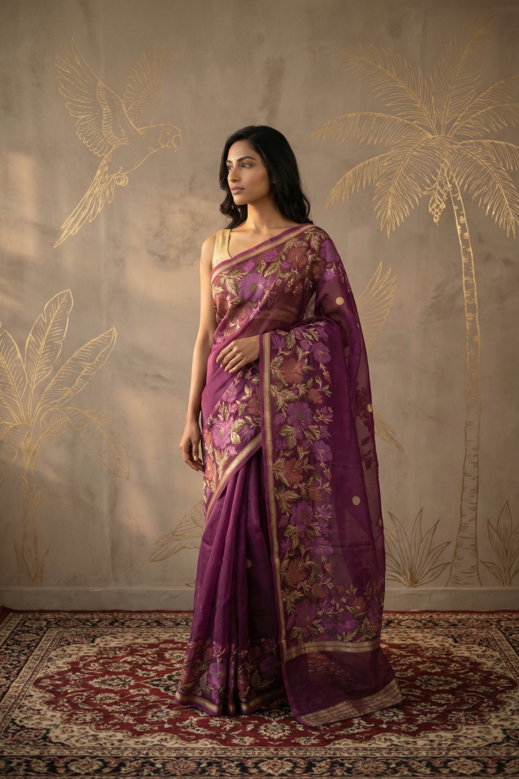 Purple Banarasi Silk Saree with Floral Zari Weaving