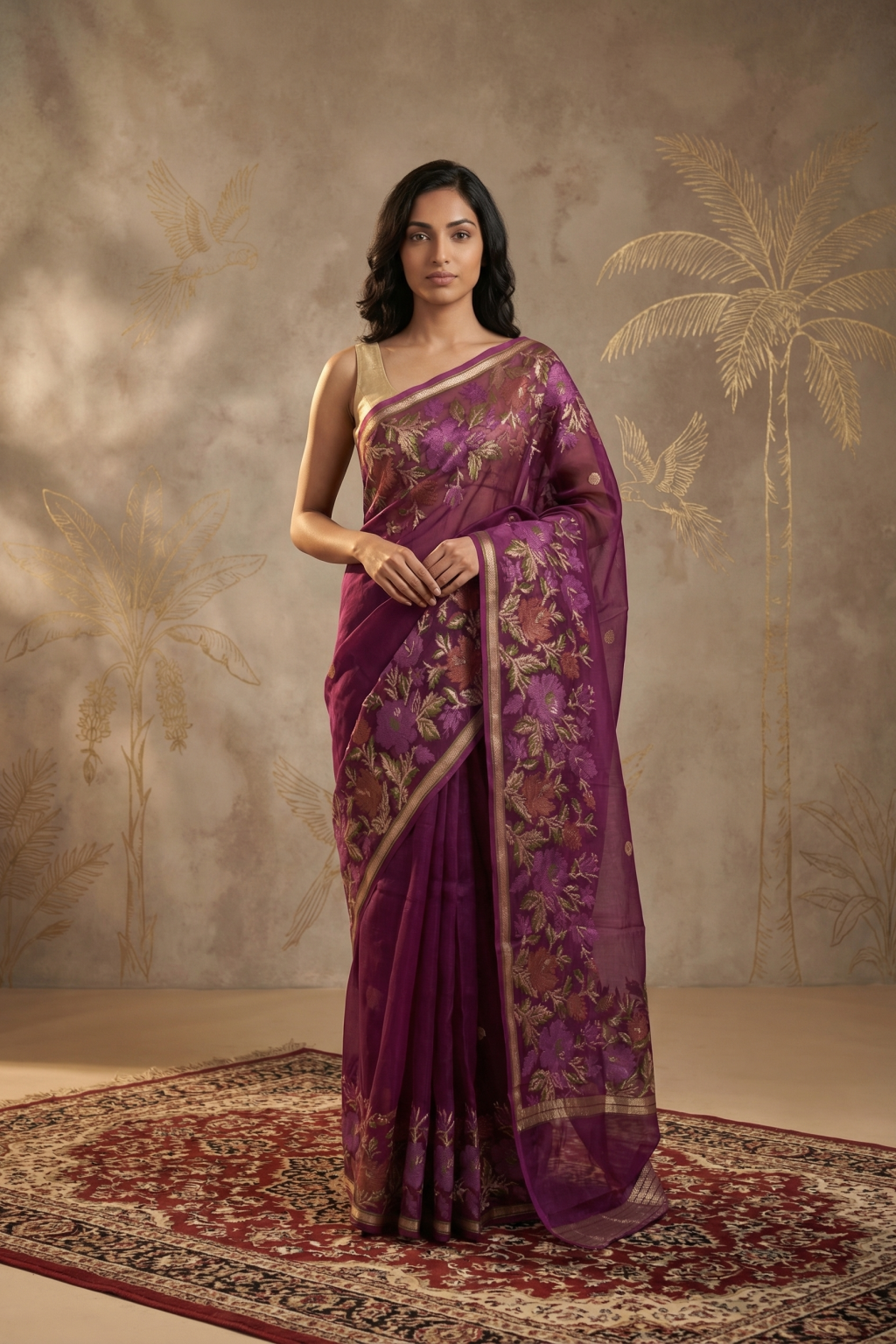 Purple Banarasi Silk Saree with Floral Zari Weaving