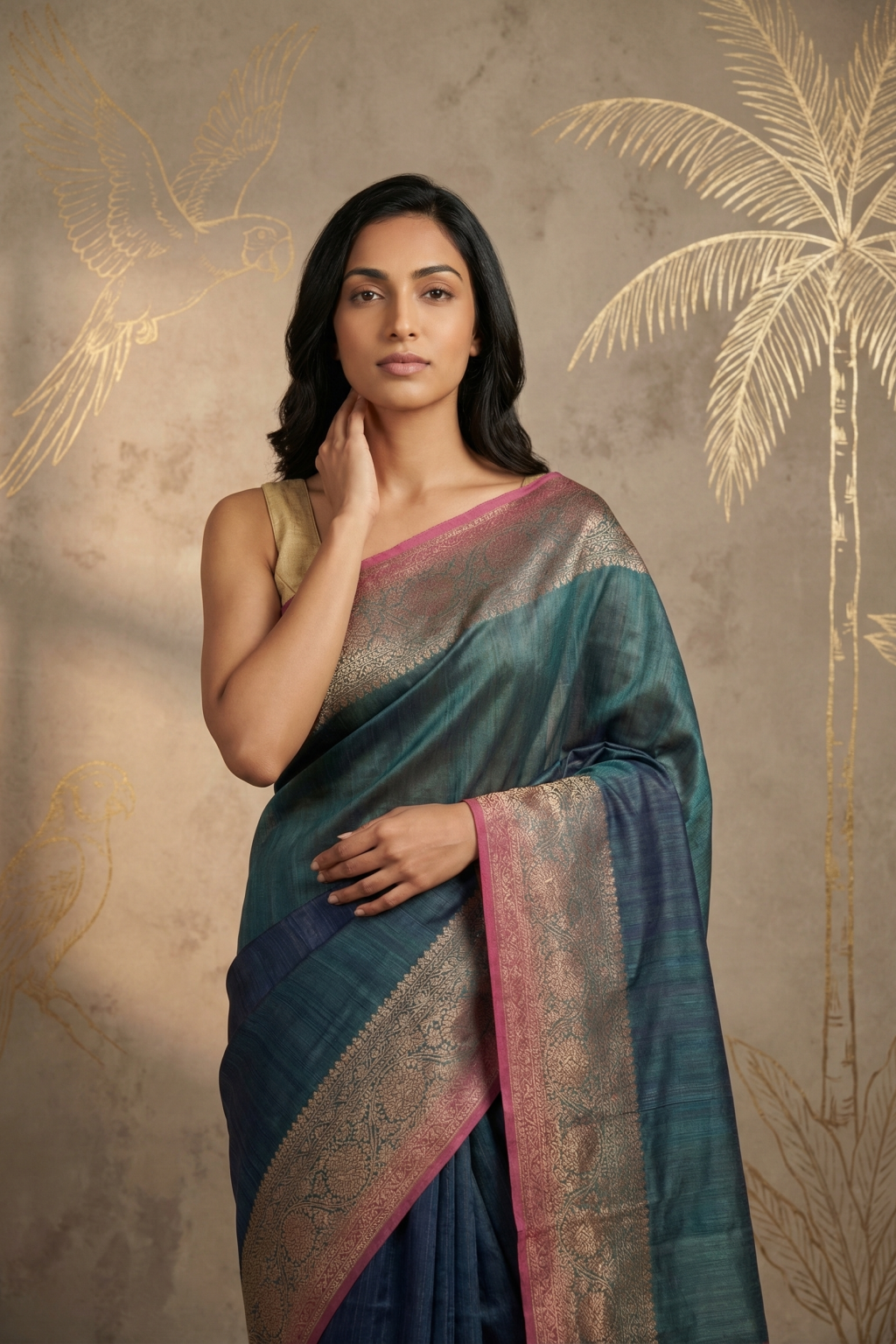 Dual Tone Green Pink Tussar Silk Saree with Zari Border