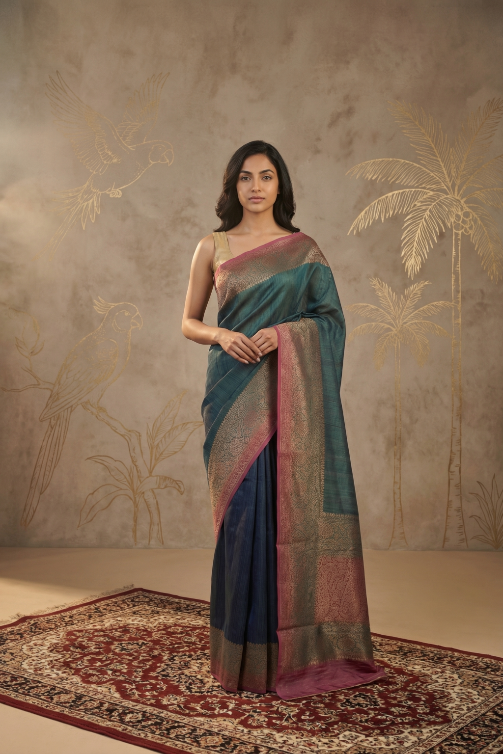 Dual Tone Green Pink Tussar Silk Saree with Zari Border