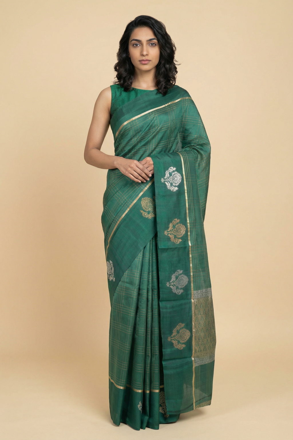 Green Banarasi Chanderi Silk Saree with Zari Checks and Butta Border