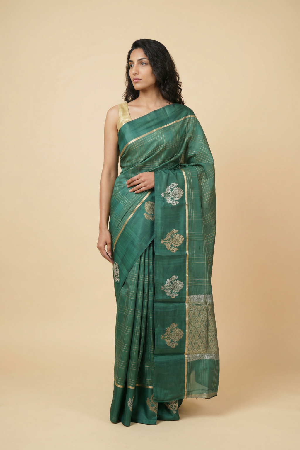Green Banarasi Chanderi Silk Saree with Zari Checks and Butta Border