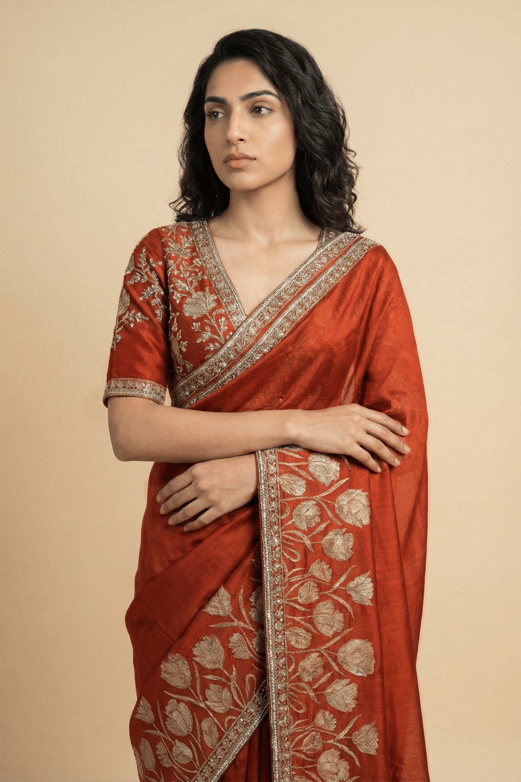 Rust Orange Tussar Georgette Saree
