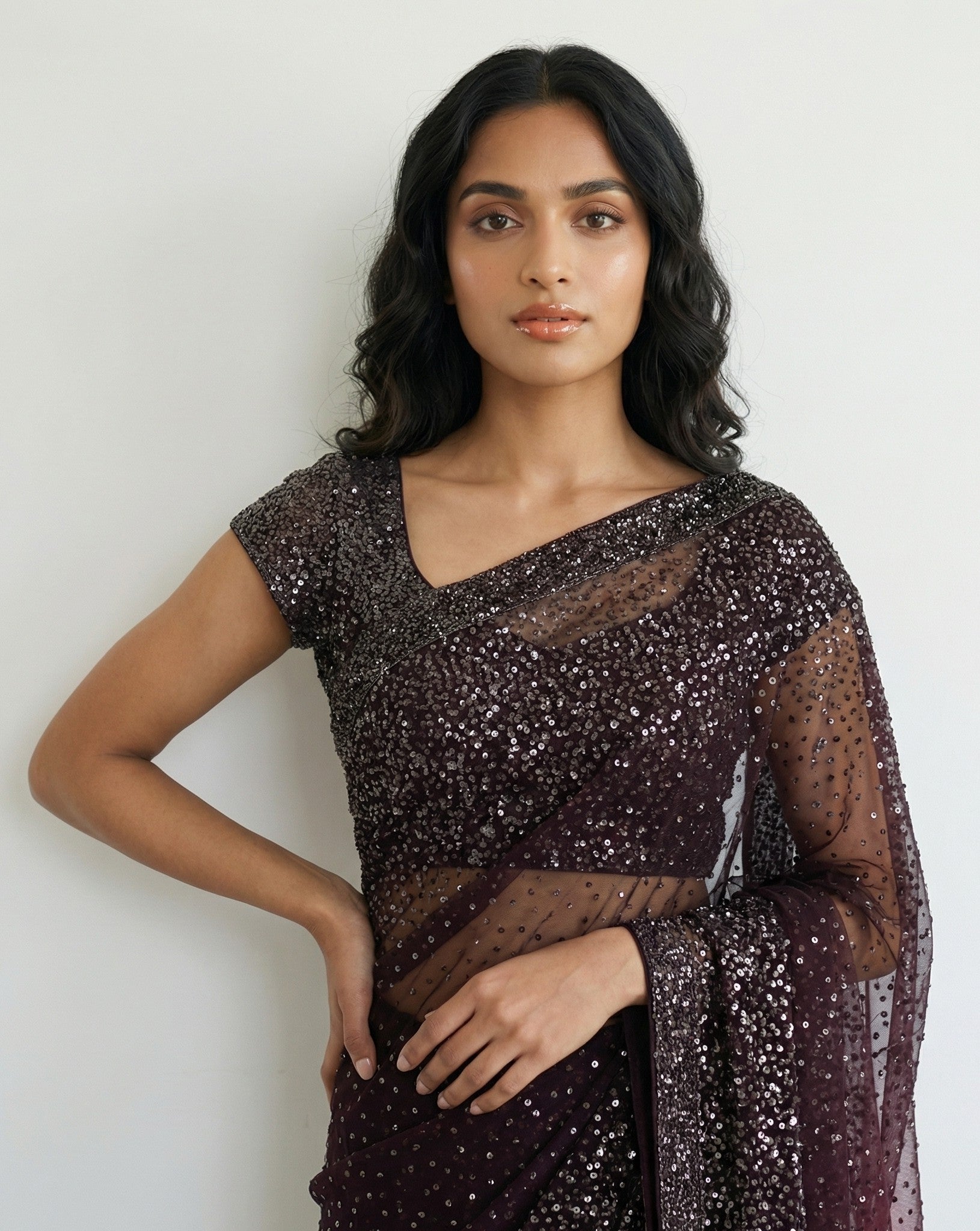 Brown Net Saree with All-Over Sequins and Gunmetal Border with Ready Blouse