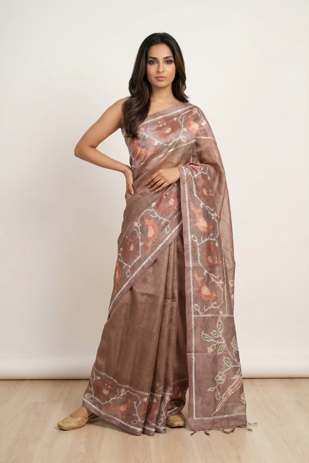 Dusty Pink Tussar Silk Saree with Zari Self Weaving and Thread Work Border