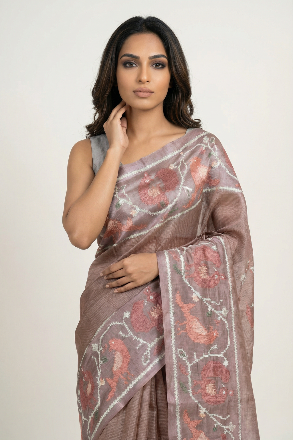 Dusty Pink Tussar Silk Saree with Zari Self Weaving and Thread Work Border