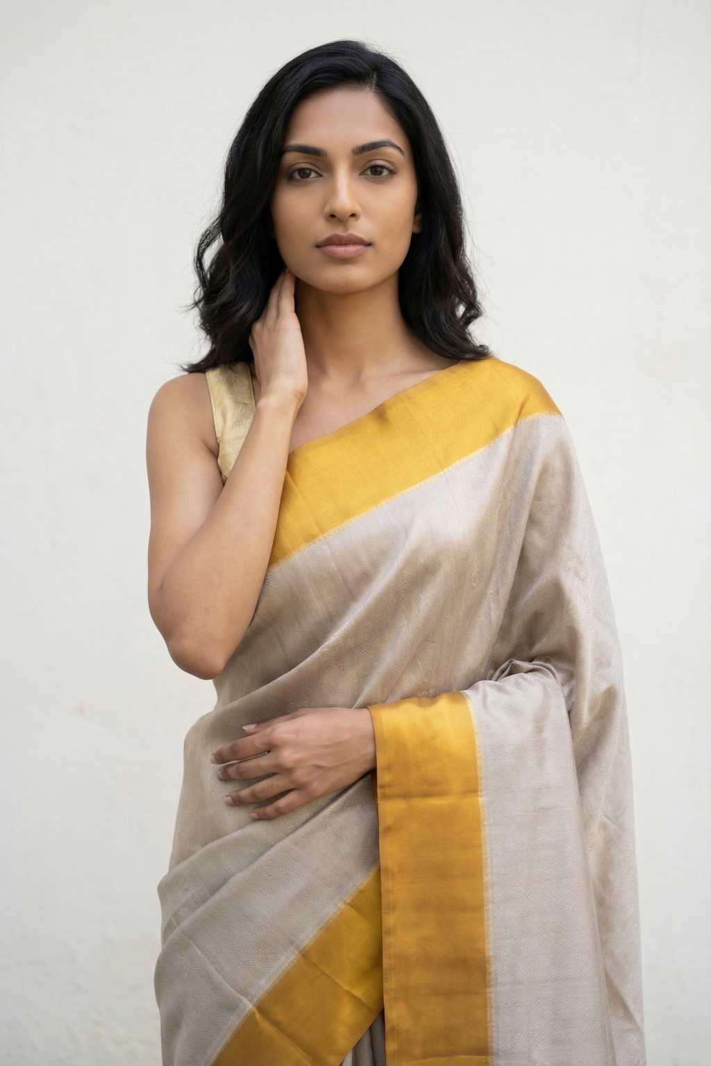 Ash Tussar Georgette Banarasi Silk Saree with Mustard Satin Border