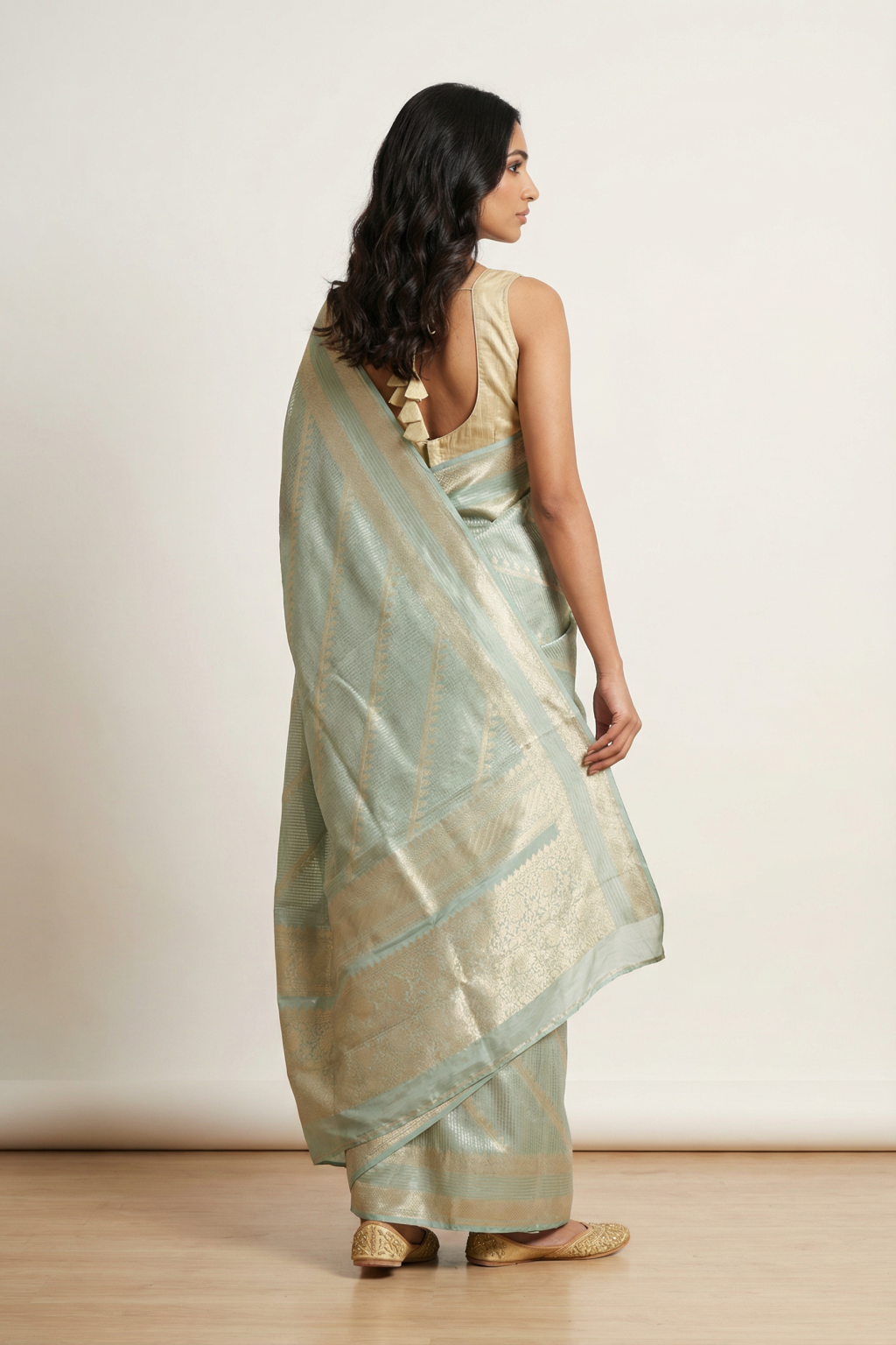 Aqua Green Banarasi Silk Saree with Zari Buttis, Stripes and Rich Zari Border