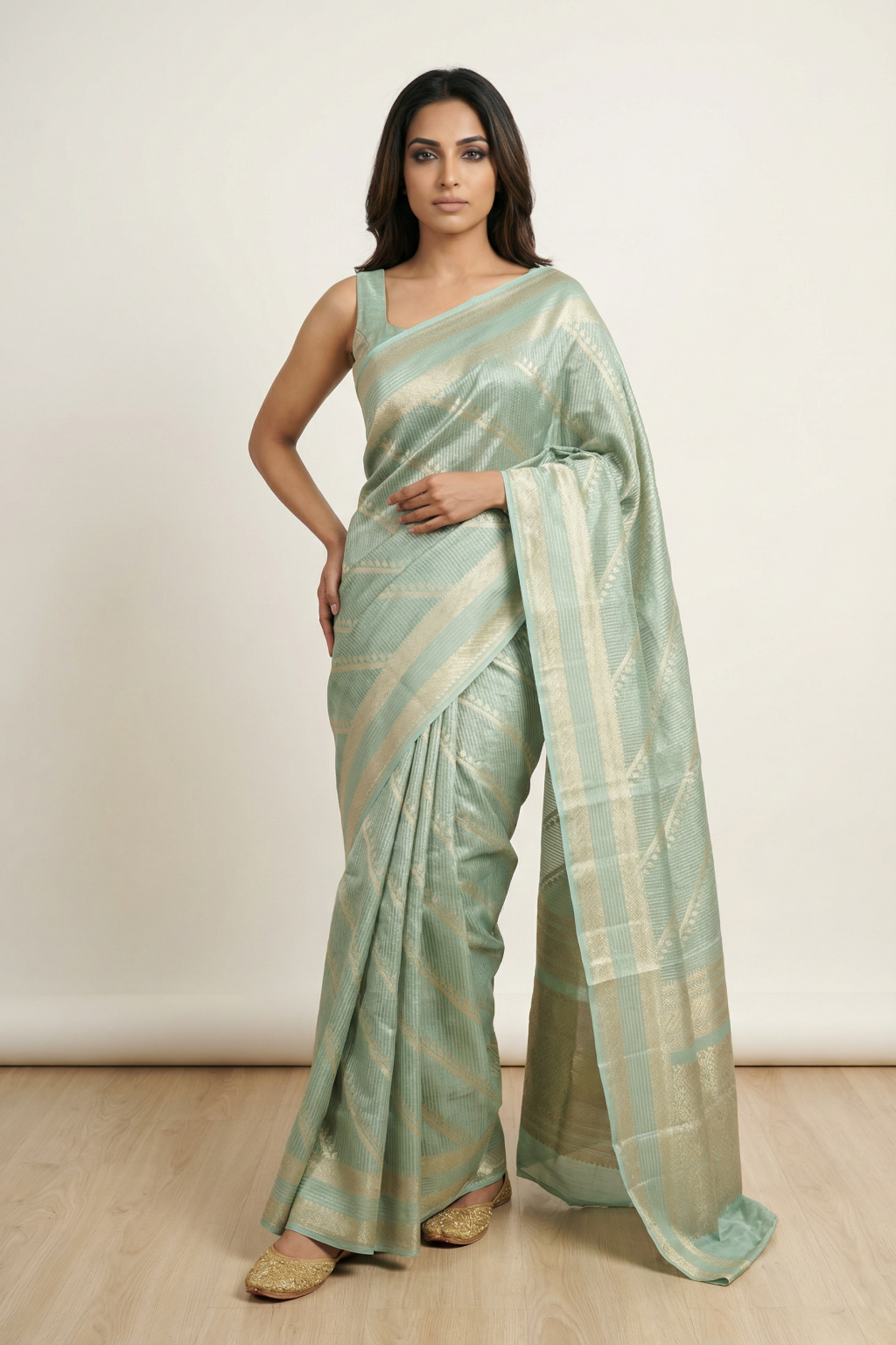 Aqua Green Banarasi Silk Saree with Zari Buttis, Stripes and Rich Zari Border