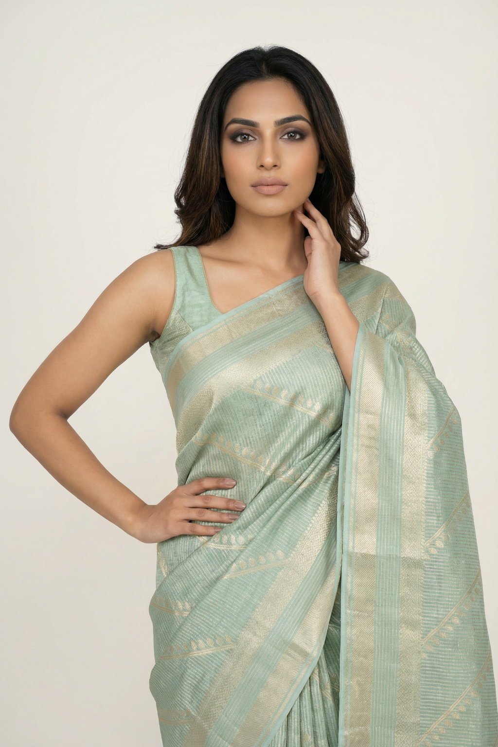 Aqua Green Banarasi Silk Saree with Zari Buttis, Stripes and Rich Zari Border