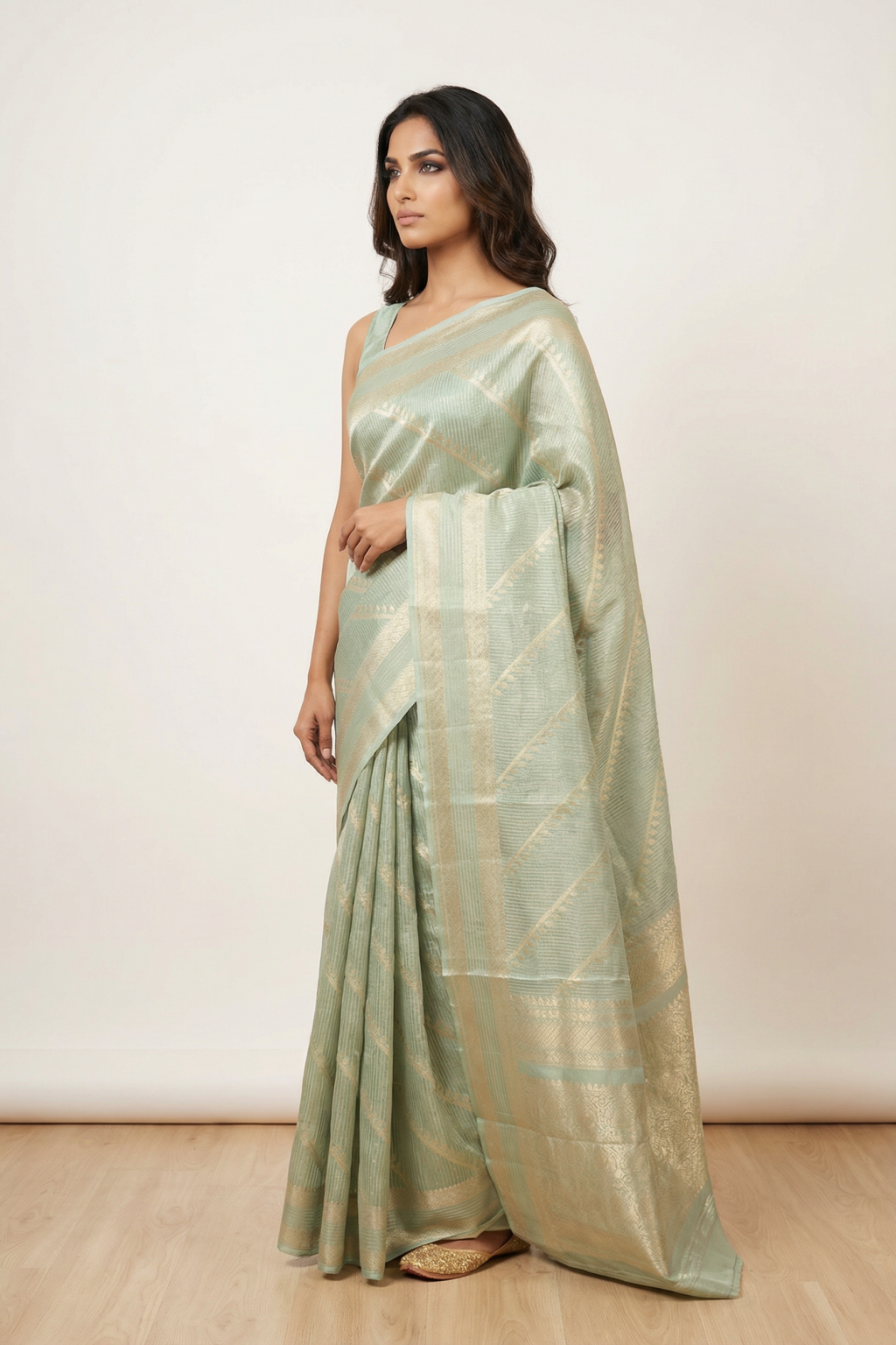 Aqua Green Banarasi Silk Saree with Zari Buttis, Stripes and Rich Zari Border