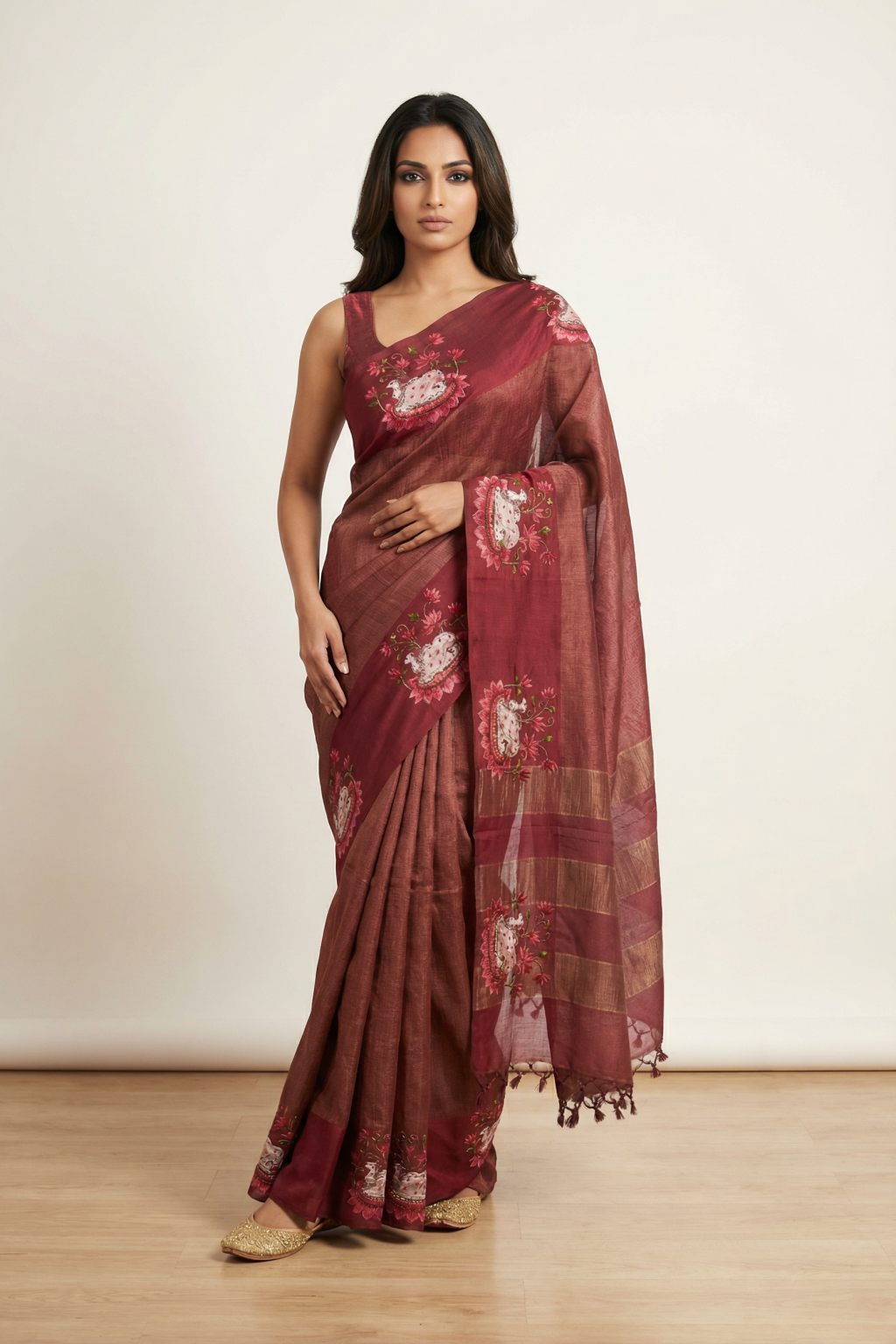 Rust Tussar Silk Saree with Zari Weaving and Thread Work Border