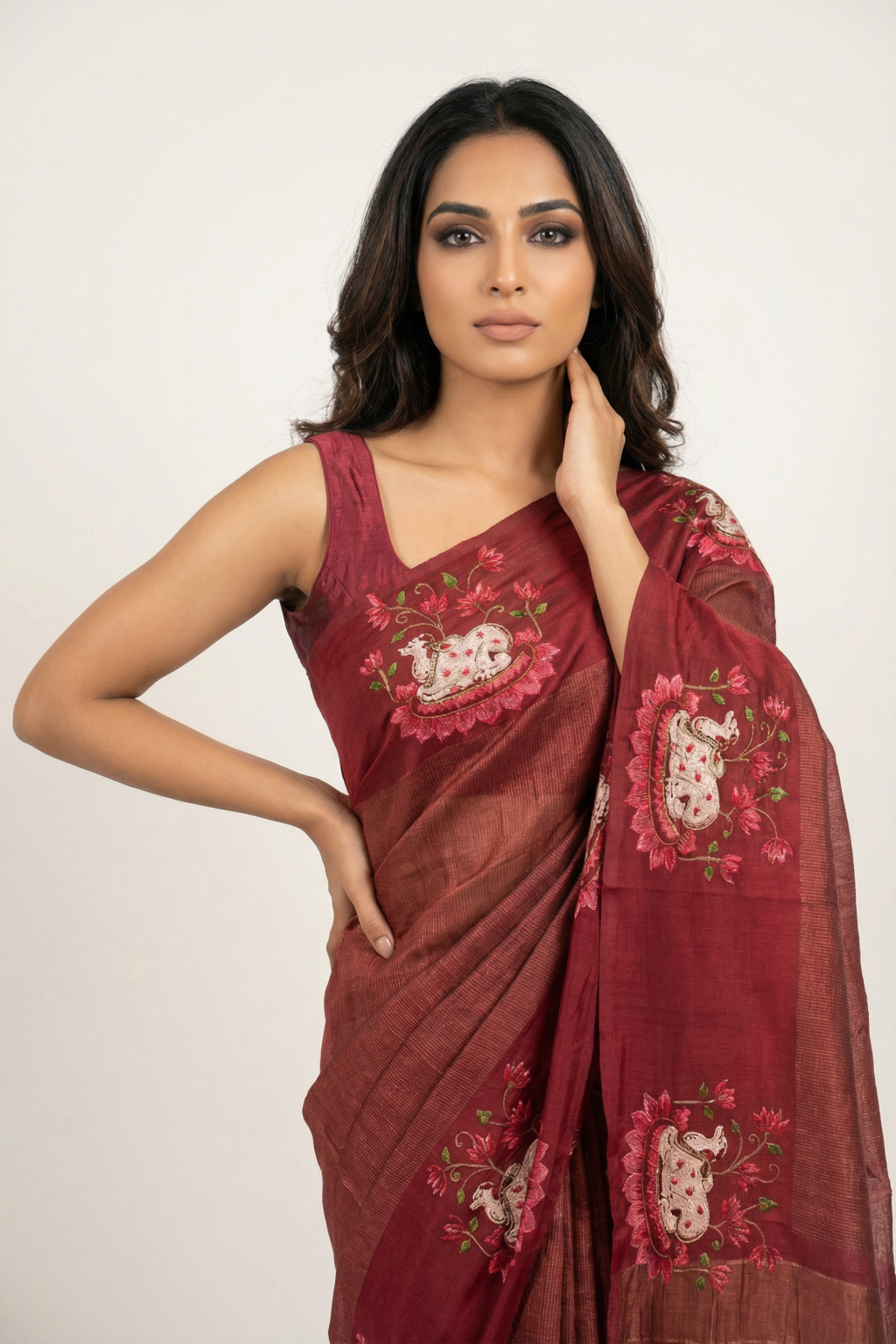 Rust Tussar Silk Saree with Zari Weaving and Thread Work Border