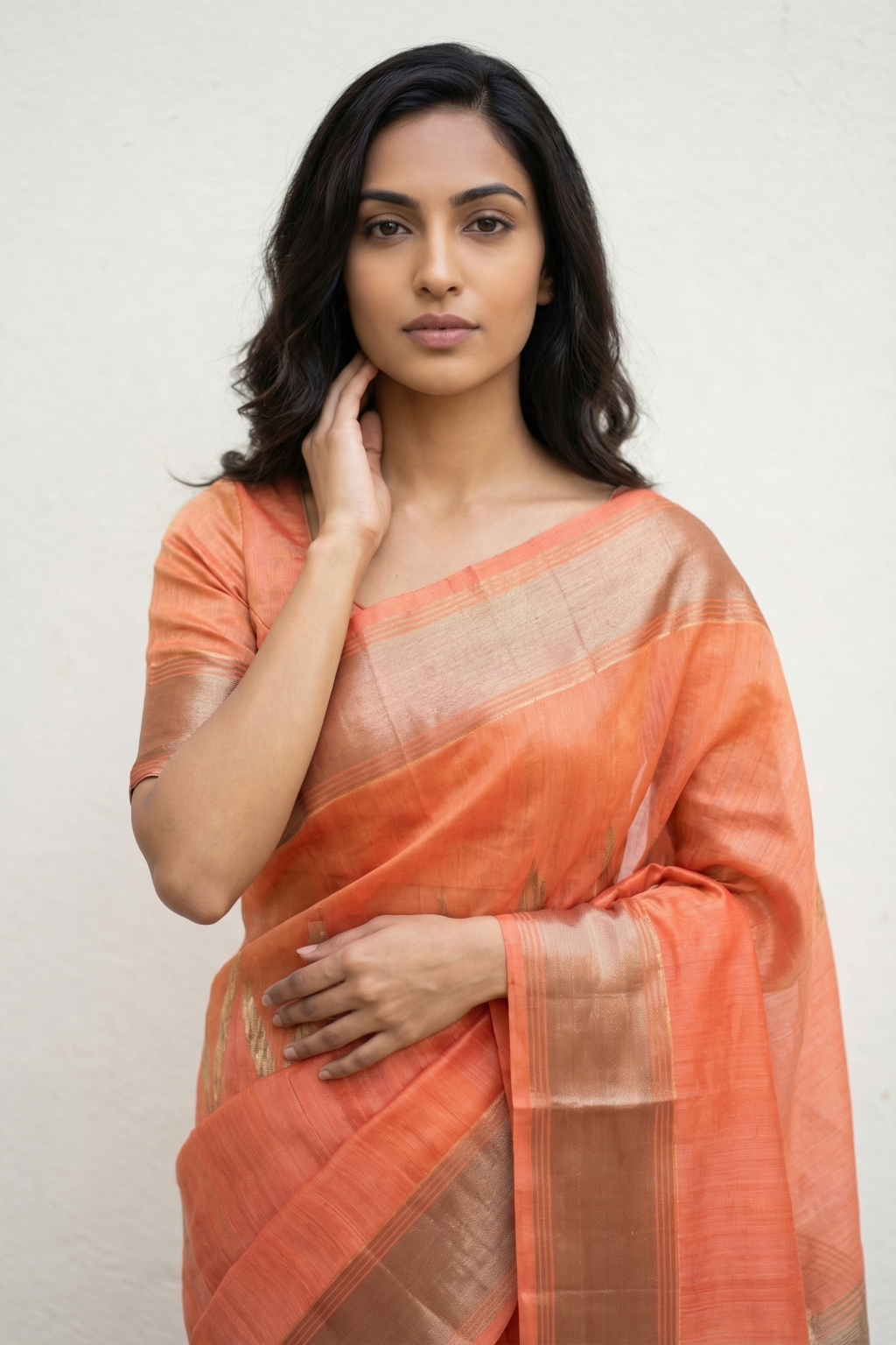 Dark Peach Banarasi Kora Silk Saree