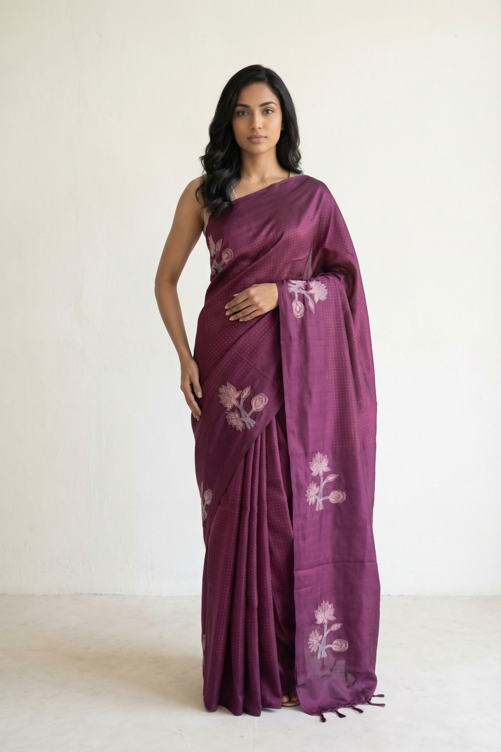 Wine Tussar Silk Saree with All Over Zari Weaving and Floral Butta Border