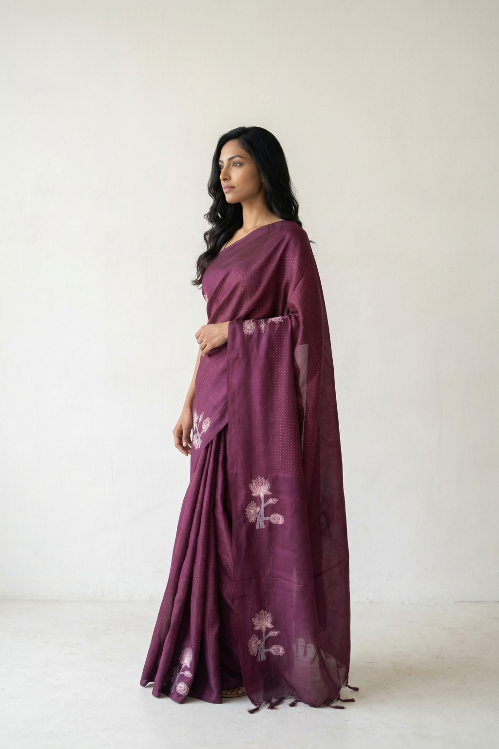 Wine Tussar Silk Saree with All Over Zari Weaving and Floral Butta Border