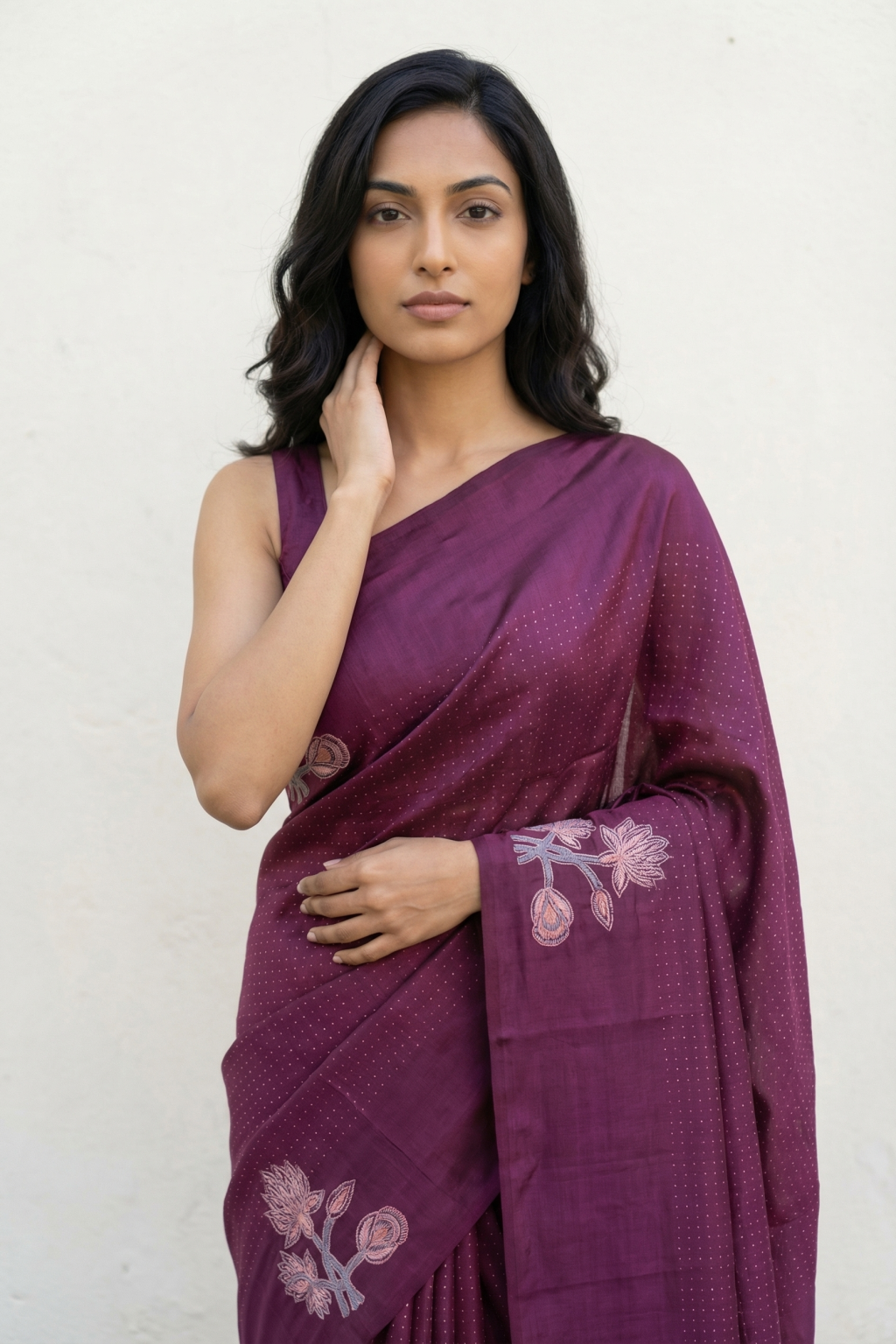 Wine Tussar Silk Saree with All Over Zari Weaving and Floral Butta Border