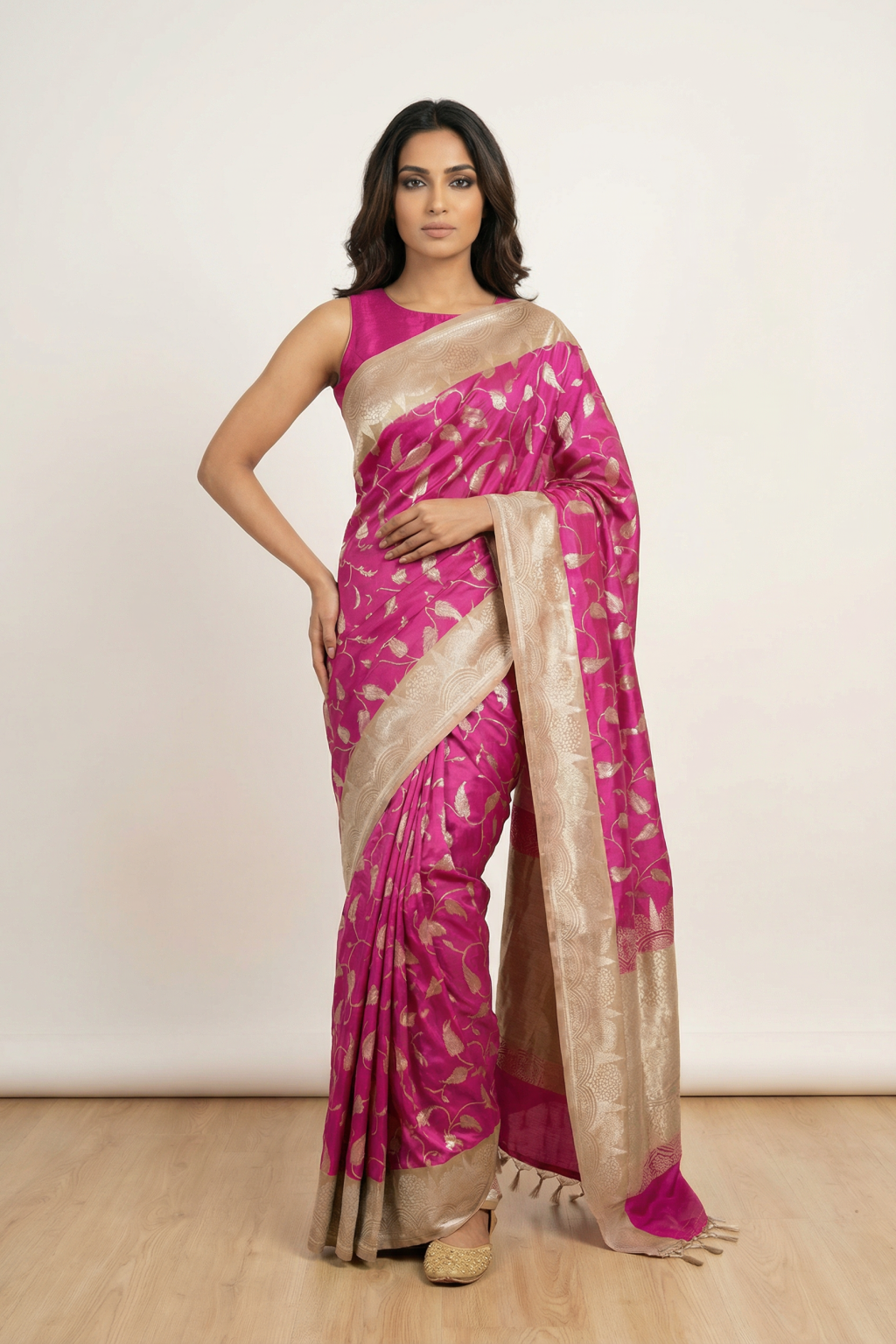 Rani Pink Banarasi Silk Saree with Zari Jaal Work & Contrast Rich Border