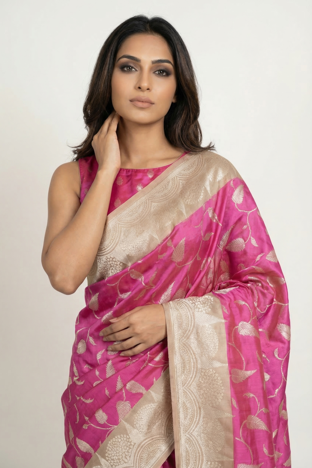 Rani Pink Banarasi Silk Saree with Zari Jaal Work & Contrast Rich Border