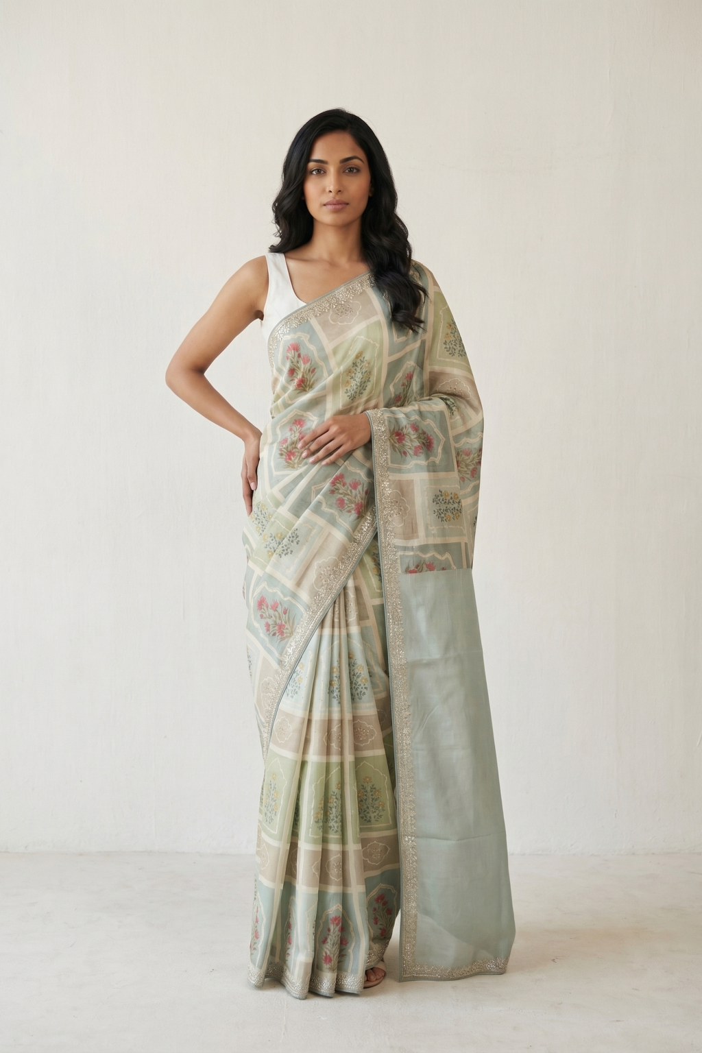 Light Blue Printed Tussar Silk Saree with Sequins & Aari Work
