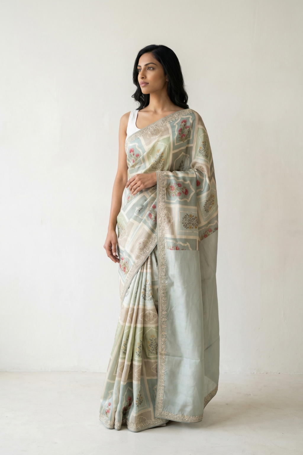 Light Blue Printed Tussar Silk Saree with Sequins & Aari Work