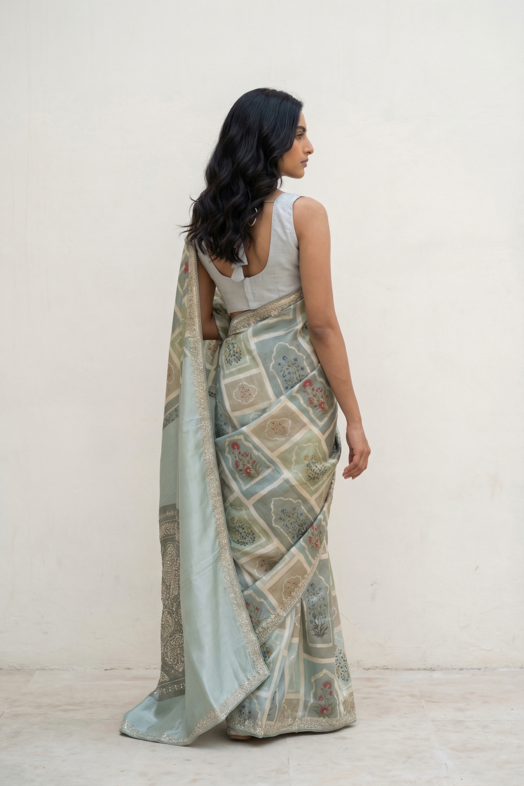Light Blue Printed Tussar Silk Saree with Sequins & Aari Work