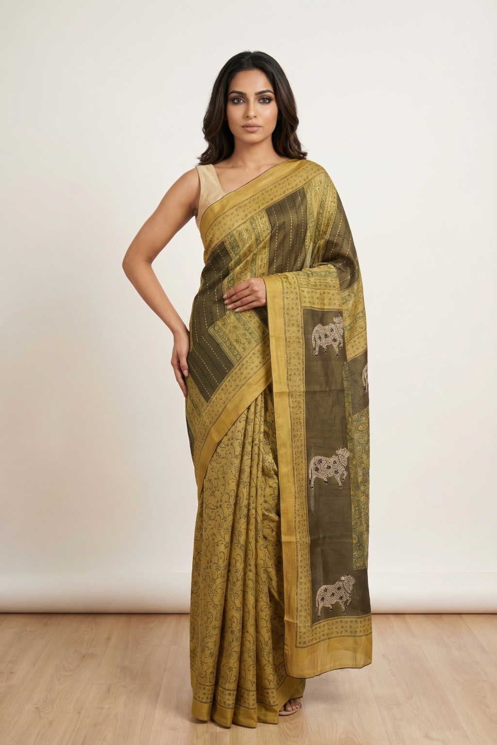 Mustard Tussar Silk Saree with Ajrakh Print & Cow Motif Border