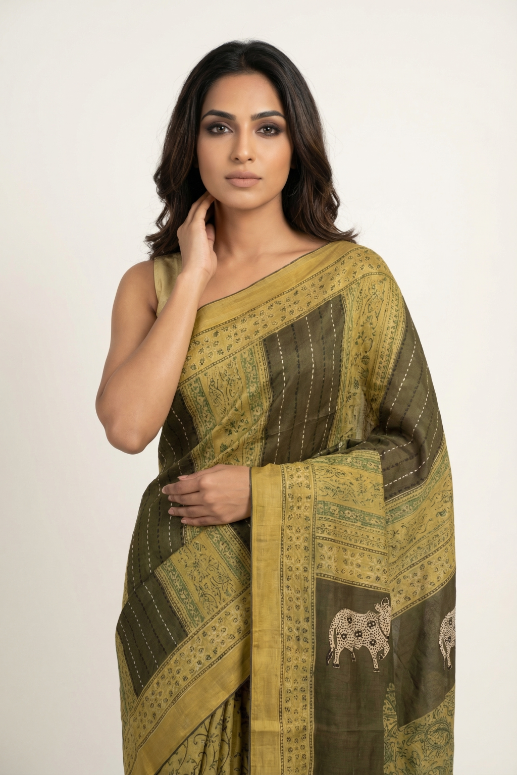 Mustard Tussar Silk Saree with Ajrakh Print & Cow Motif Border