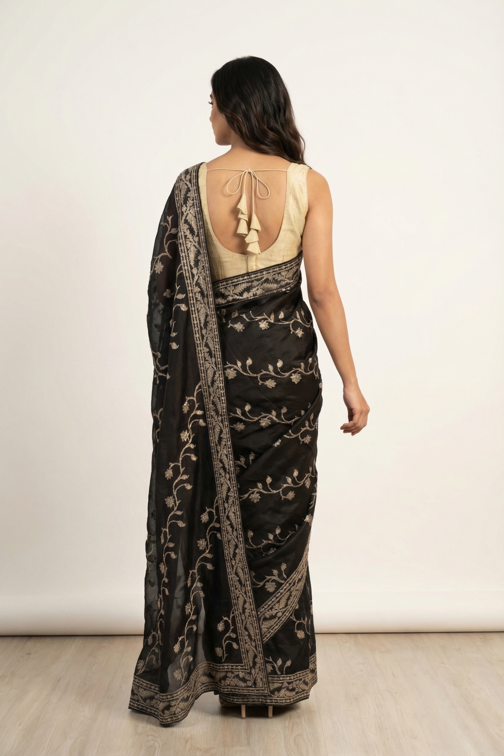 Black Tussar Silk Saree with All-Over Thread Work and Meenakari Blouse