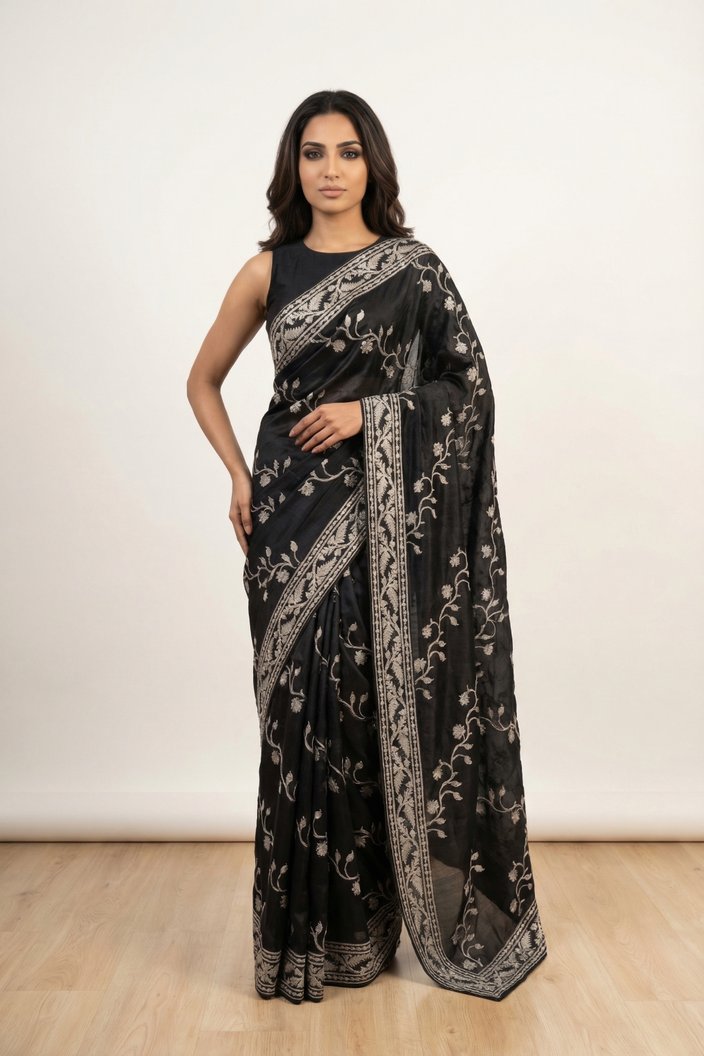 Black Tussar Silk Saree with All-Over Thread Work and Meenakari Blouse