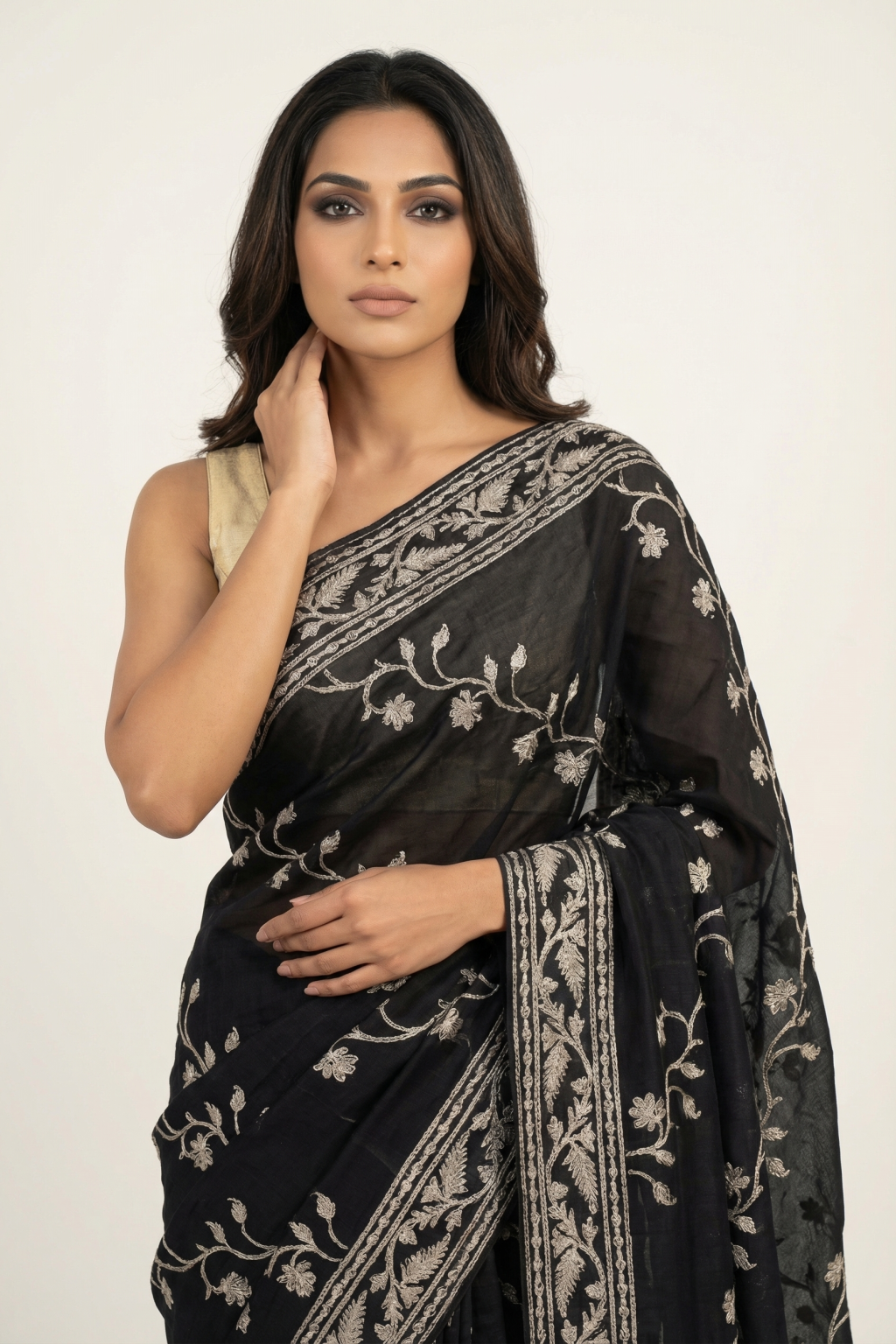 Black Tussar Silk Saree with All-Over Thread Work and Meenakari Blouse