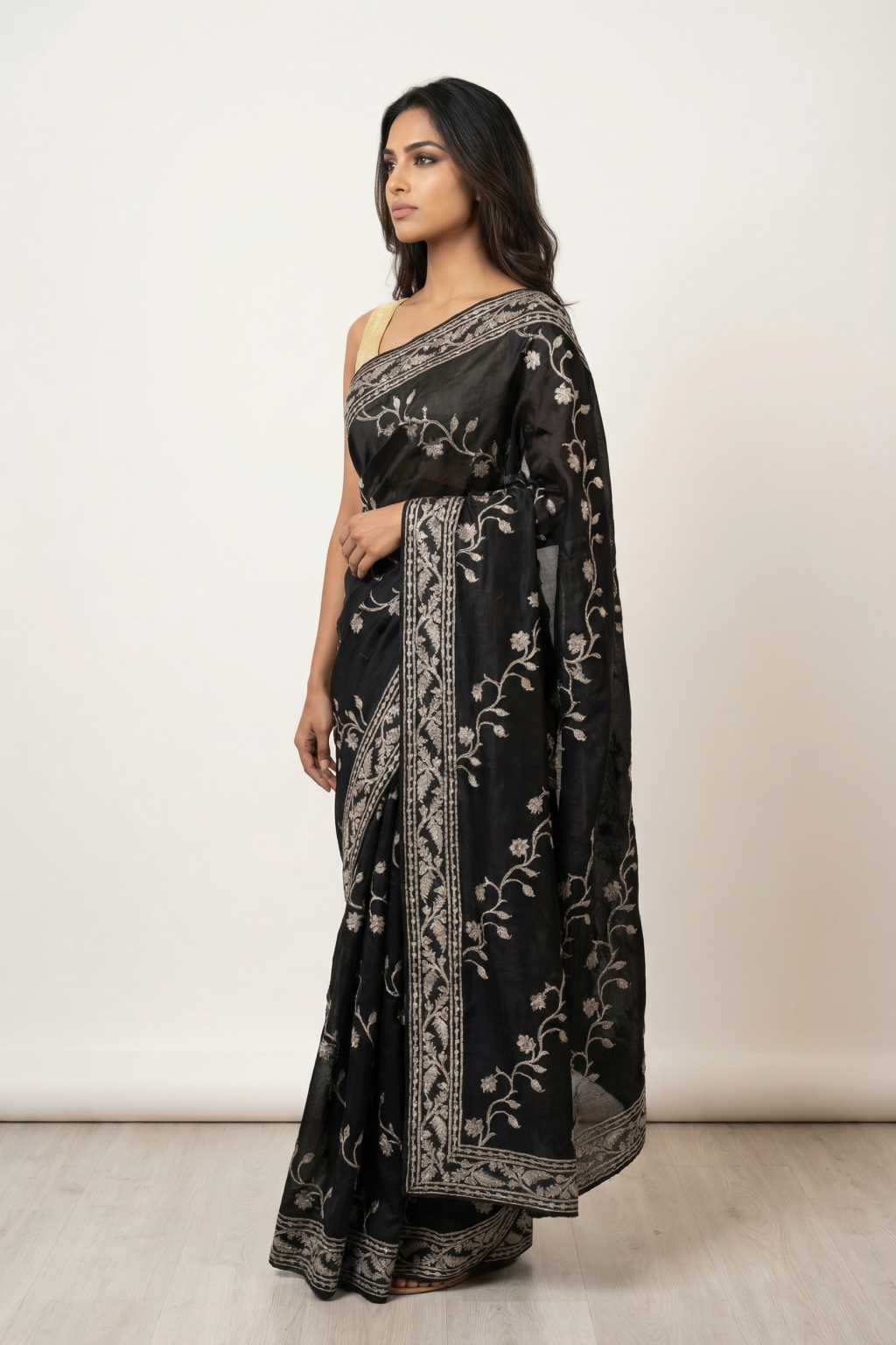 Black Tussar Silk Saree with All-Over Thread Work and Meenakari Blouse