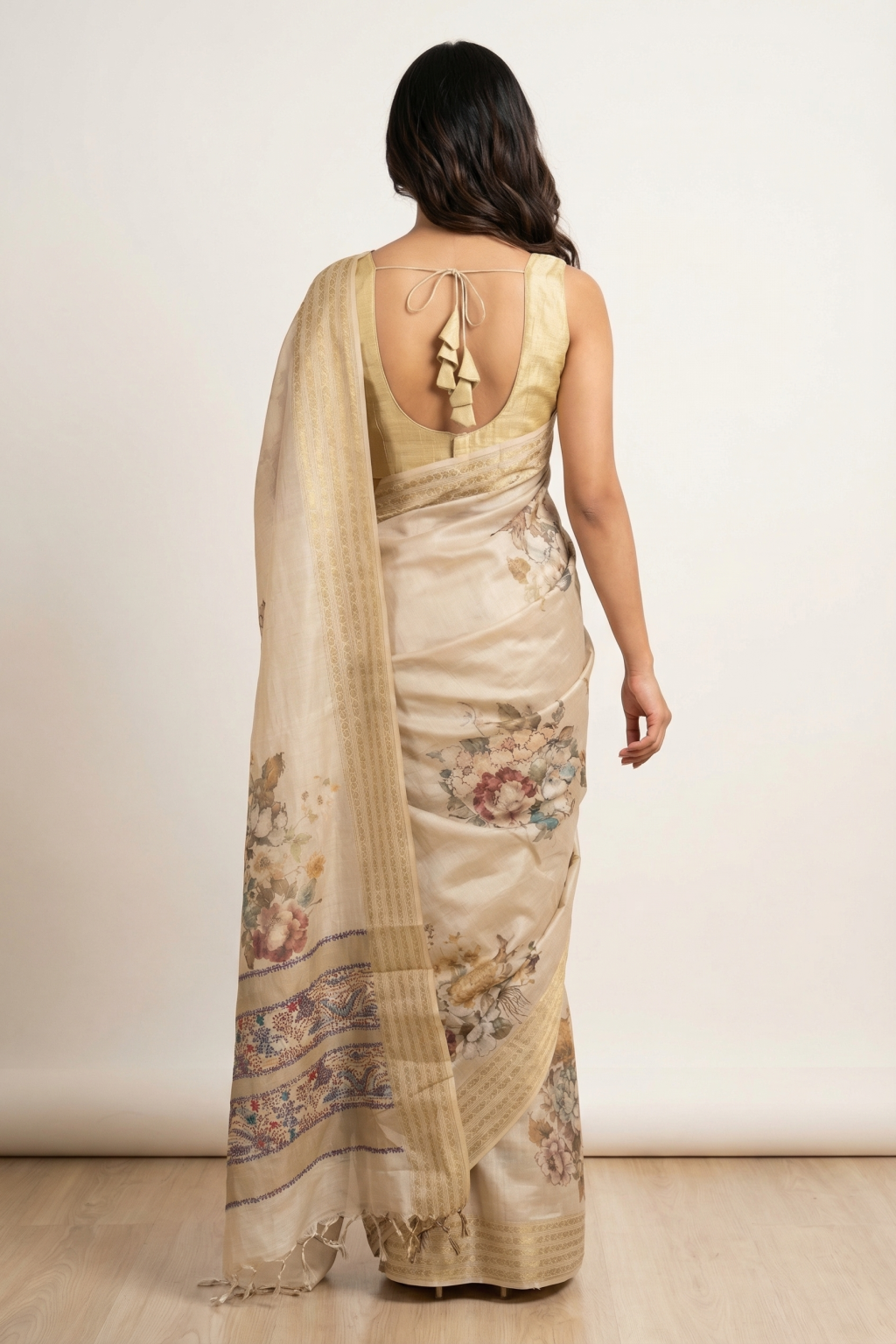 Beige Tussar Silk Saree with Floral Prints & Katha Work Border
