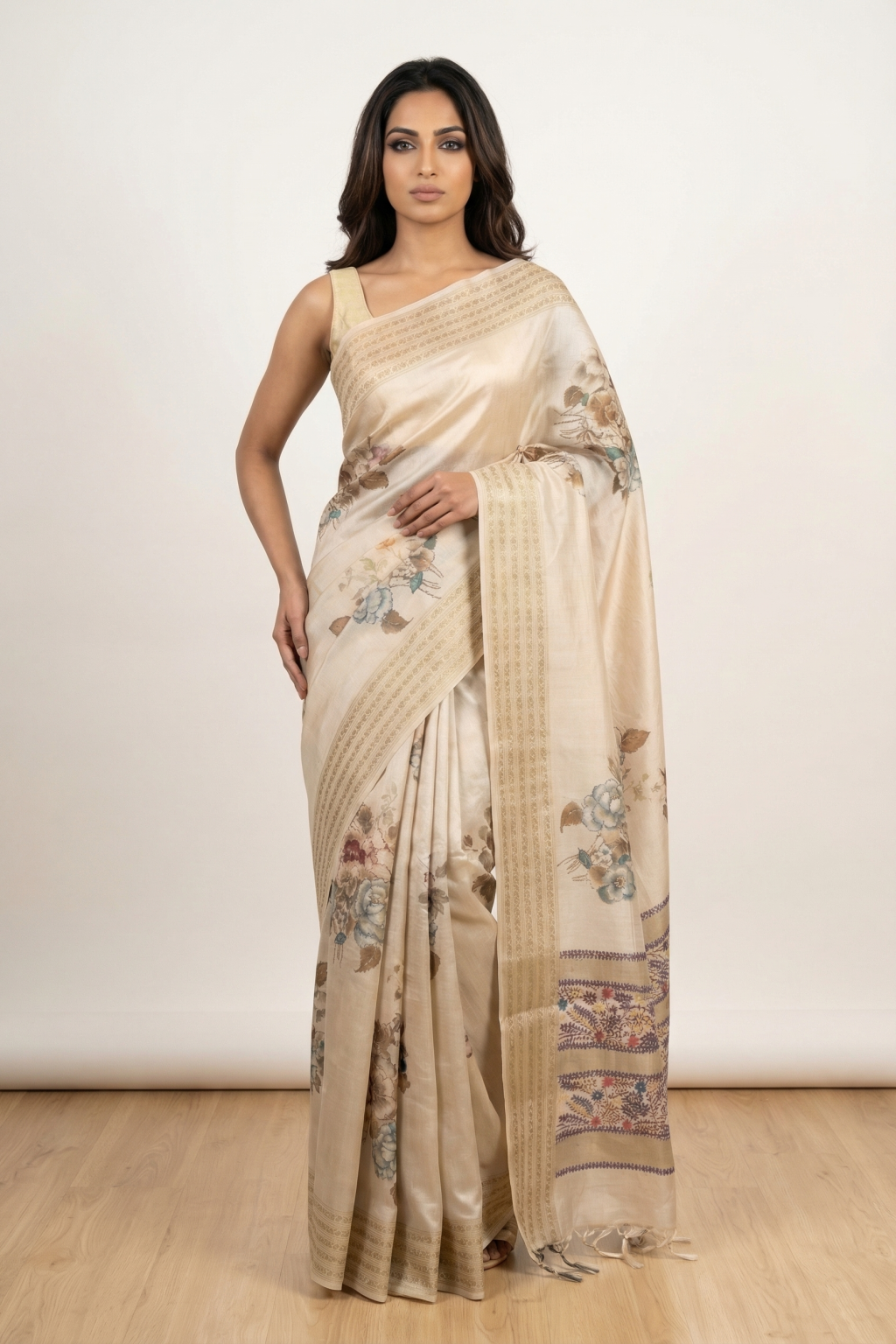 Beige Tussar Silk Saree with Floral Prints & Katha Work Border