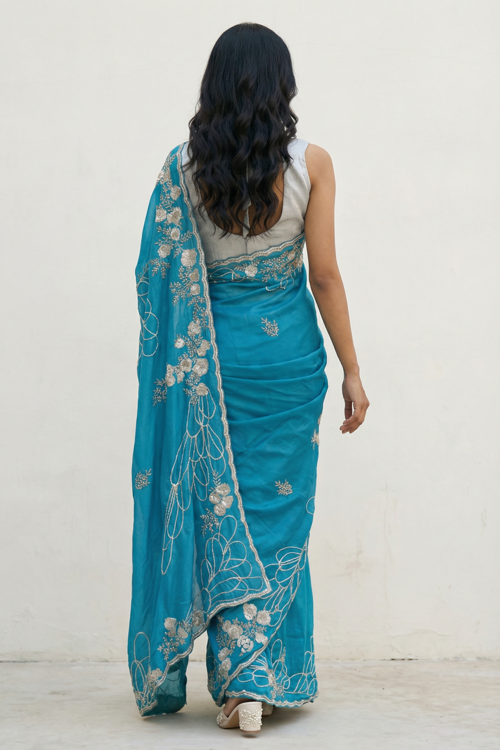 Turquoise Blue Silk Georgette Saree with Sequin & Bead Embroidery and Designer Blouse