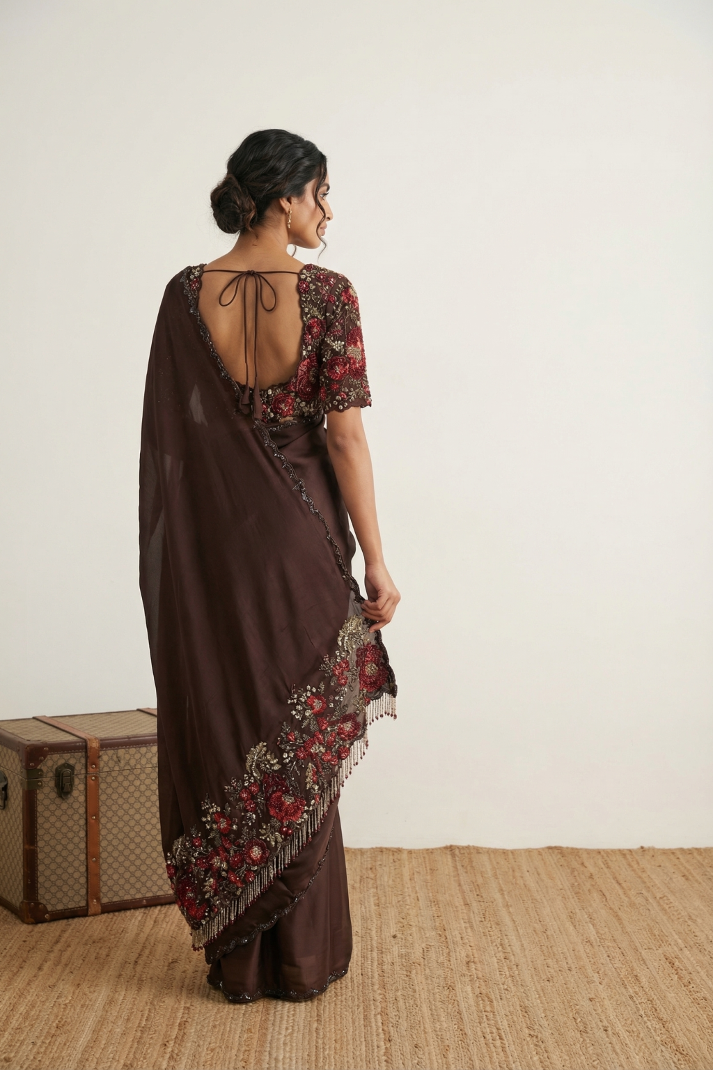Brown Satin Silk Designer Saree