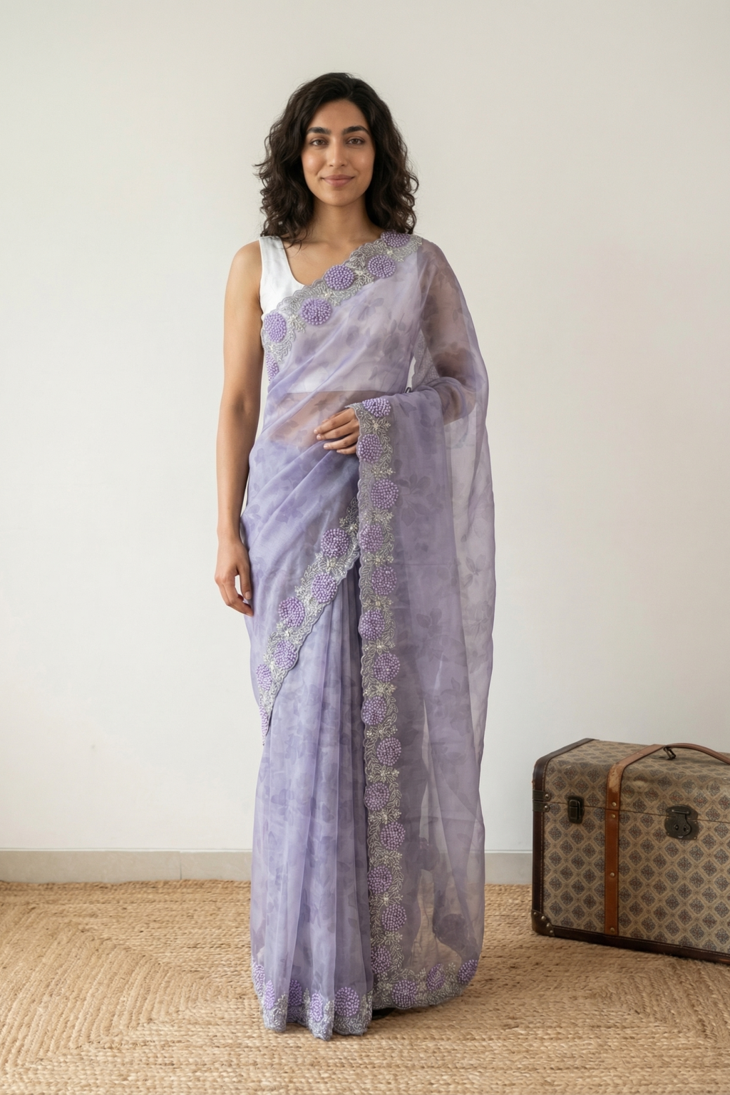 Violet Blue Organza Tissue Saree with Self Print and Pearl Bead Work Border