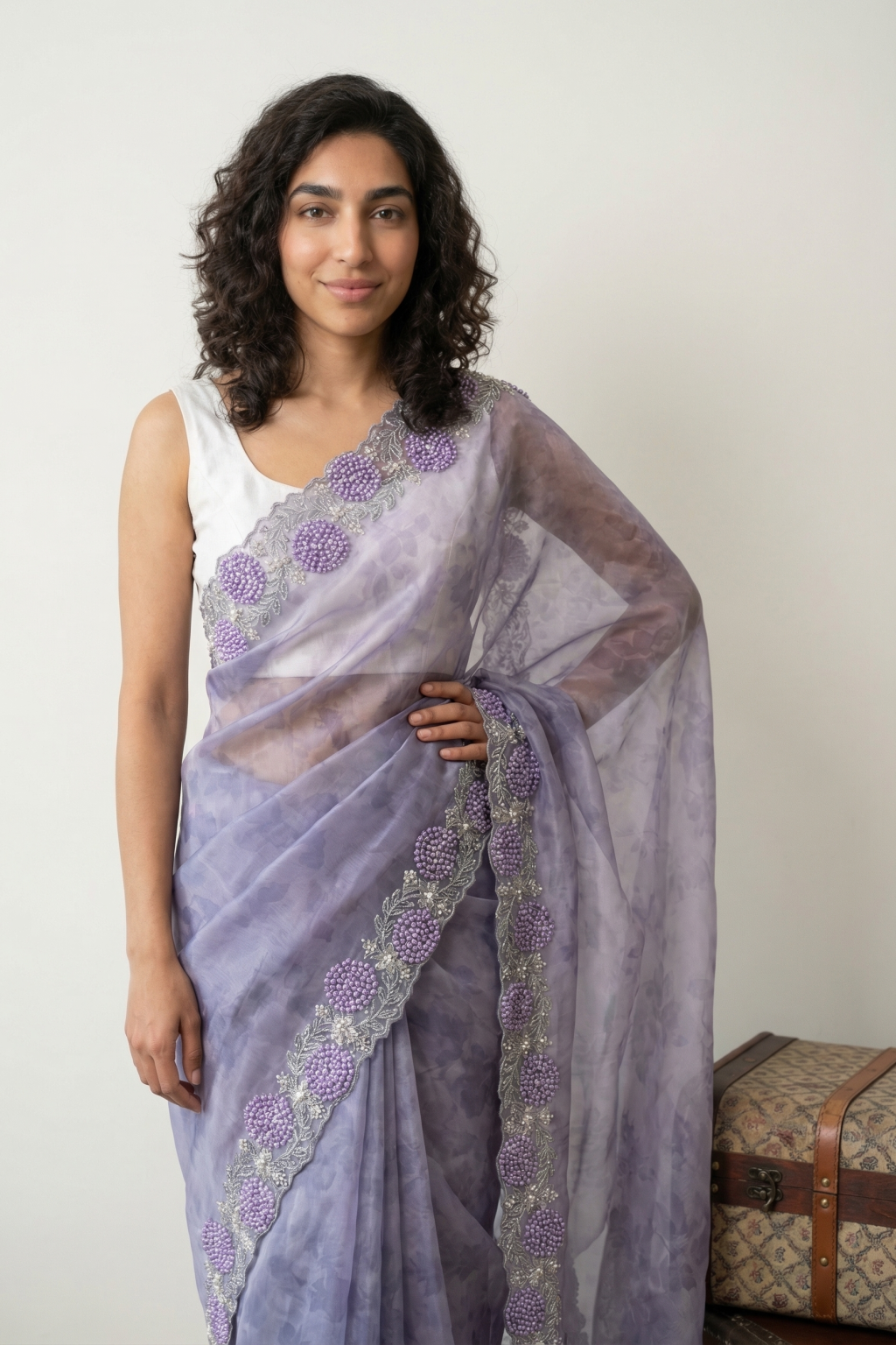 Violet Blue Organza Tissue Saree with Self Print and Pearl Bead Work Border