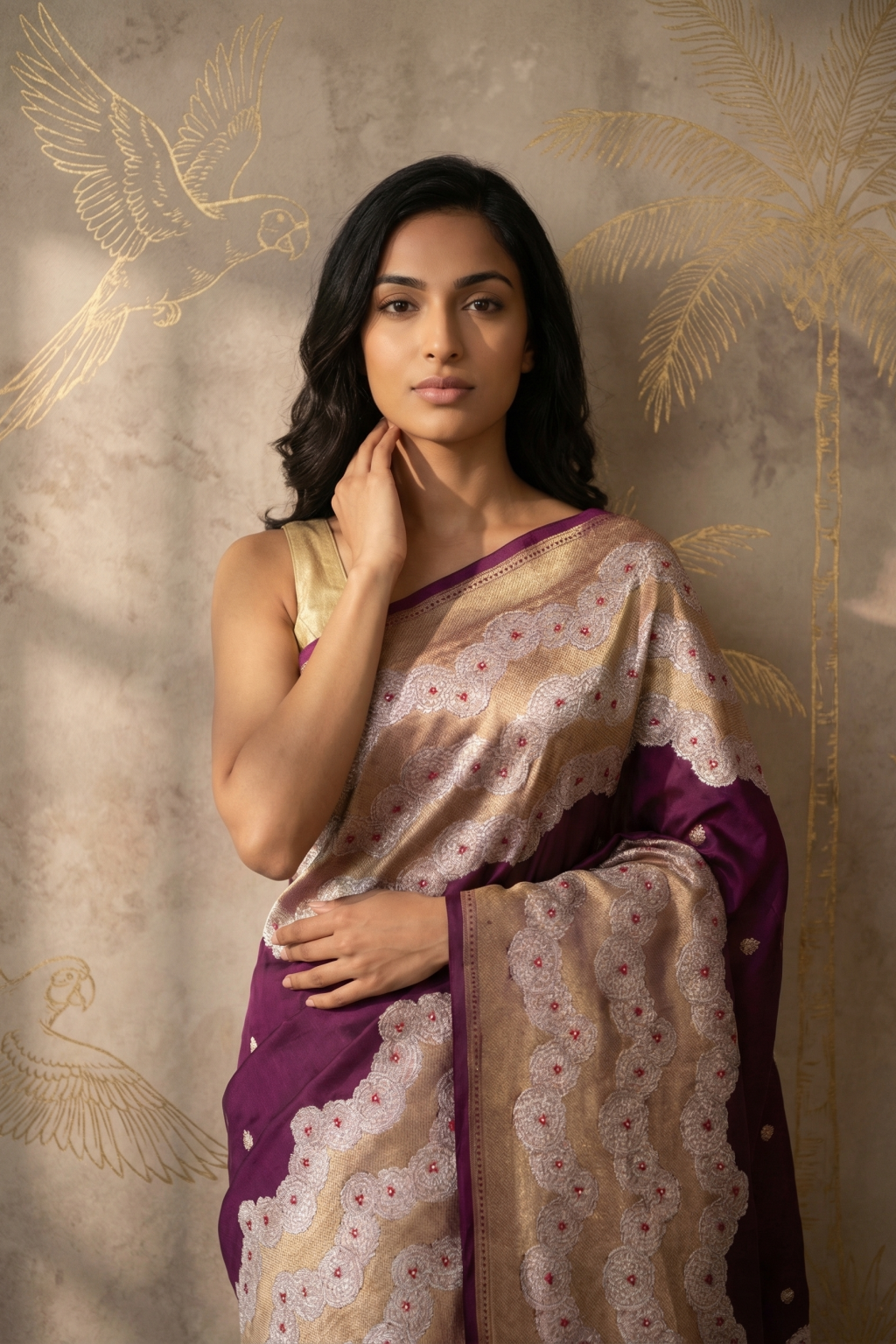 Violet Banarasi Silk Saree with Chakram Motifs & Statement Zari Border