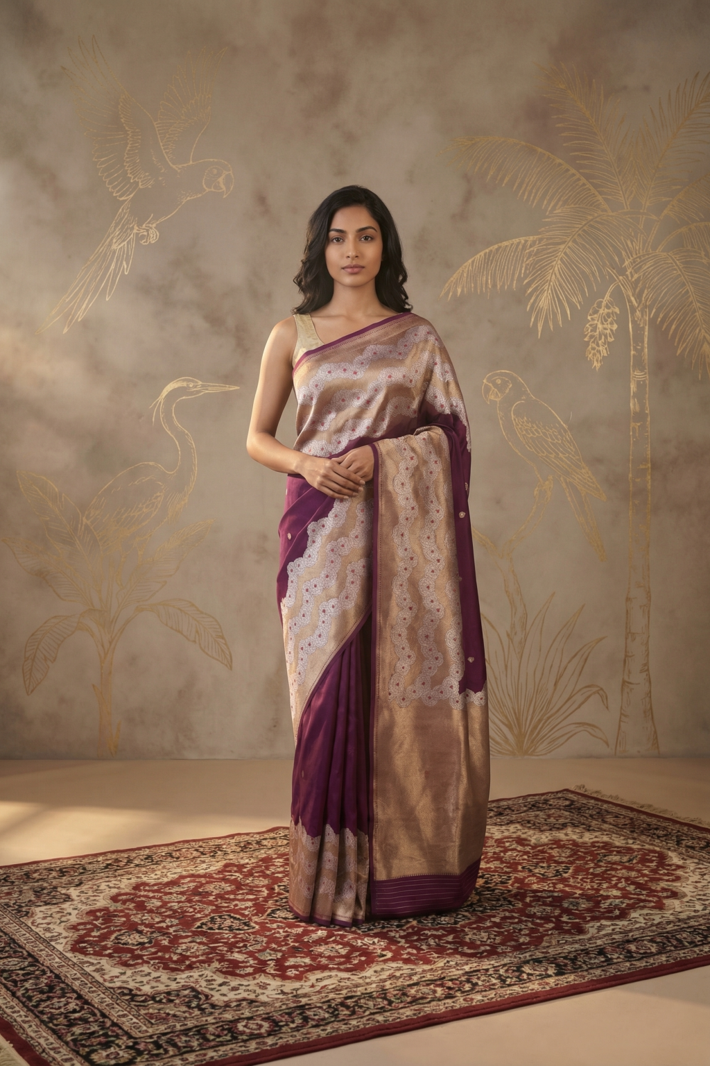 Violet Banarasi Silk Saree with Chakram Motifs & Statement Zari Border