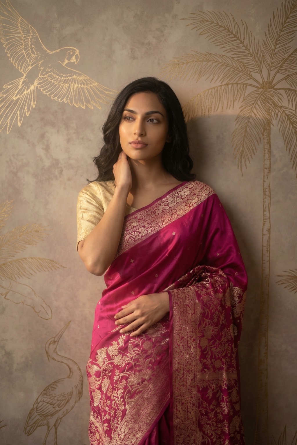 Rani Pink Banarasi Satin Silk Saree with Zari Motifs and Ornate Border
