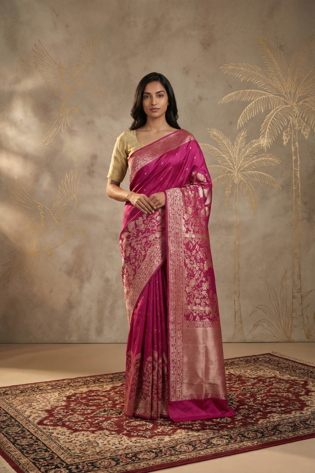 Rani Pink Banarasi Satin Silk Saree with Zari Motifs and Ornate Border