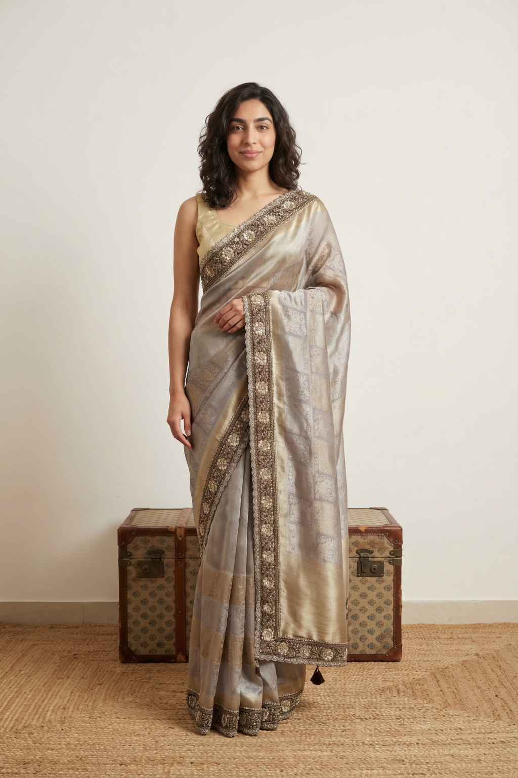 Grey Gold Handloom Tissue Saree